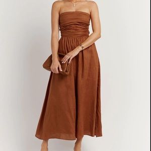 Strapless burnt orange midi dress from DISHH